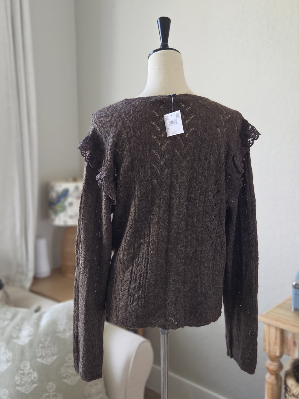 American Eagle Outfitters Dark Brown Lace-Trim Crewneck Sweater - Picture 3 of 5